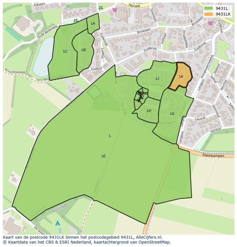 Afbeelding van het postcodegebied 9431 LK op de kaart.