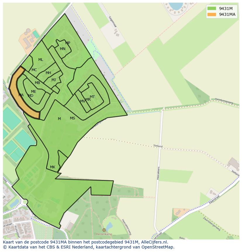 Afbeelding van het postcodegebied 9431 MA op de kaart.