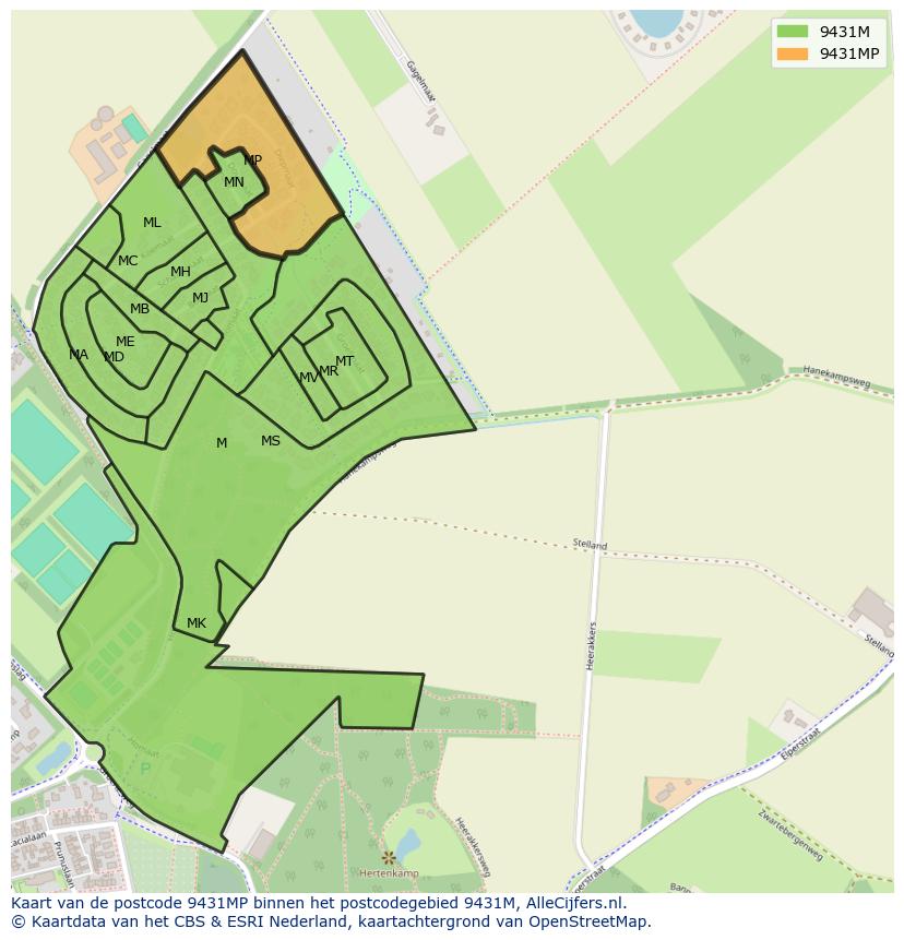 Afbeelding van het postcodegebied 9431 MP op de kaart.