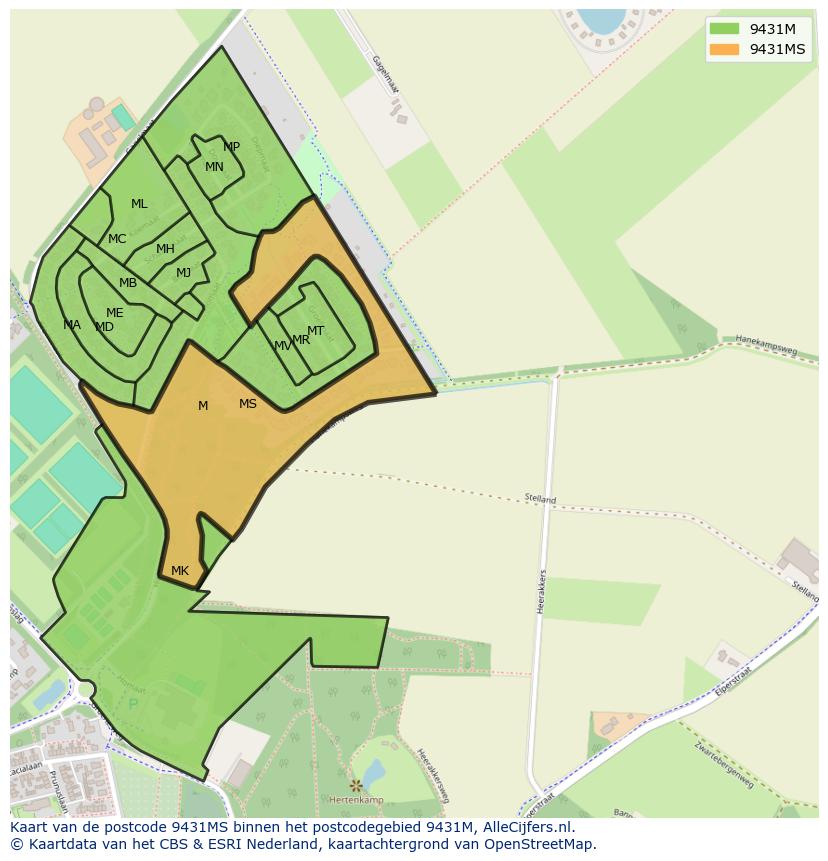 Afbeelding van het postcodegebied 9431 MS op de kaart.