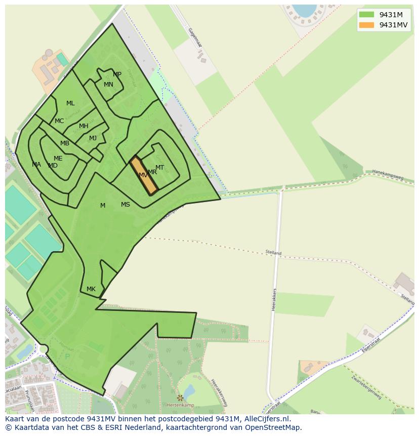 Afbeelding van het postcodegebied 9431 MV op de kaart.