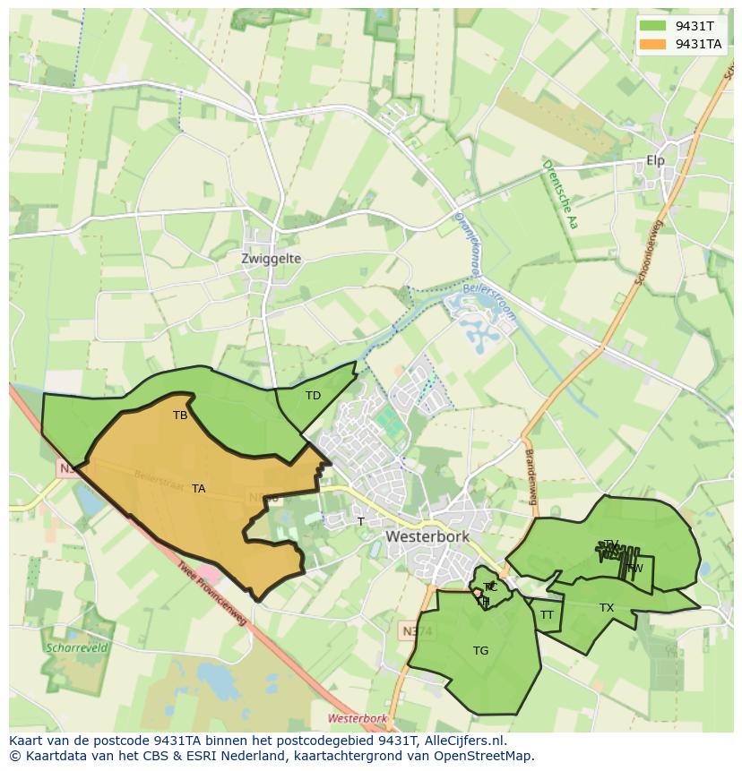 Afbeelding van het postcodegebied 9431 TA op de kaart.