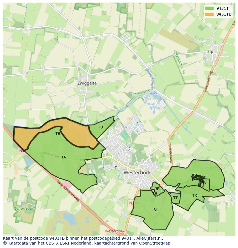 Afbeelding van het postcodegebied 9431 TB op de kaart.