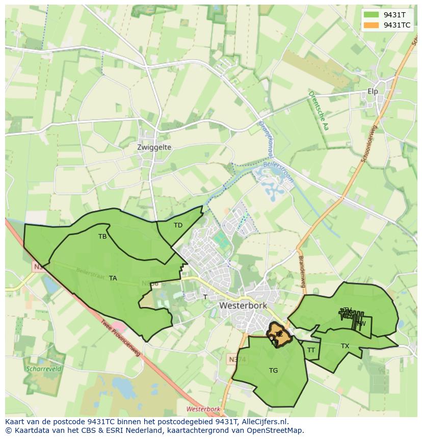 Afbeelding van het postcodegebied 9431 TC op de kaart.