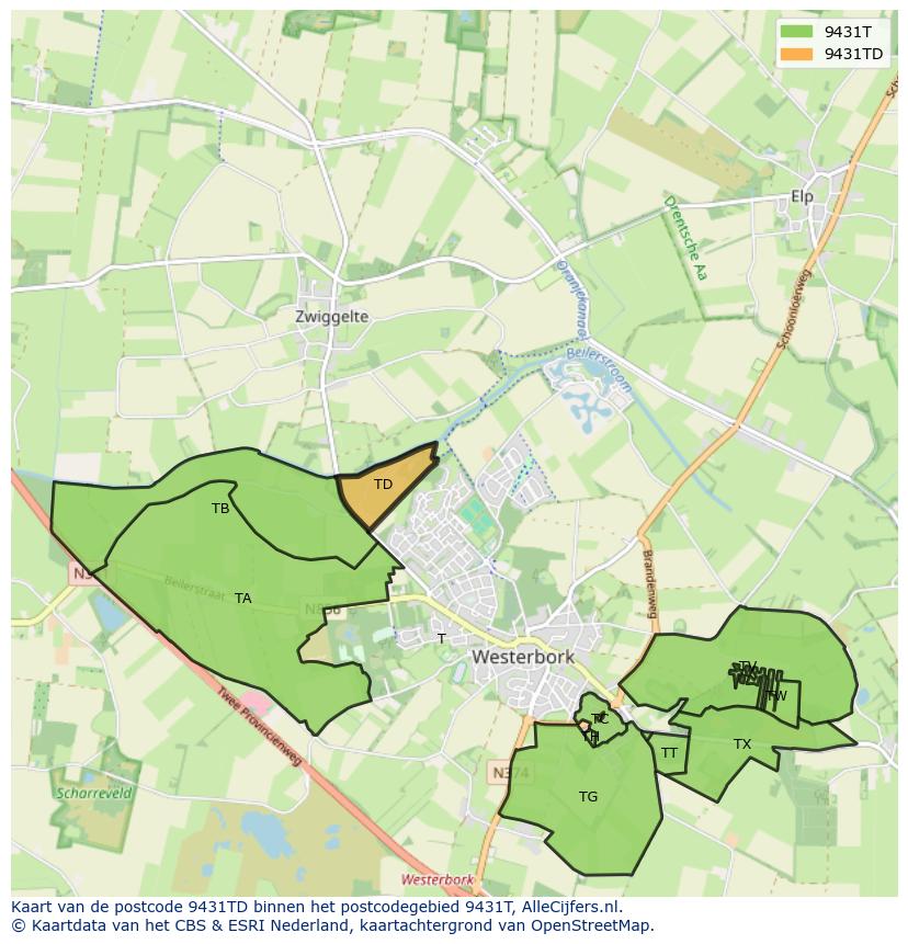 Afbeelding van het postcodegebied 9431 TD op de kaart.