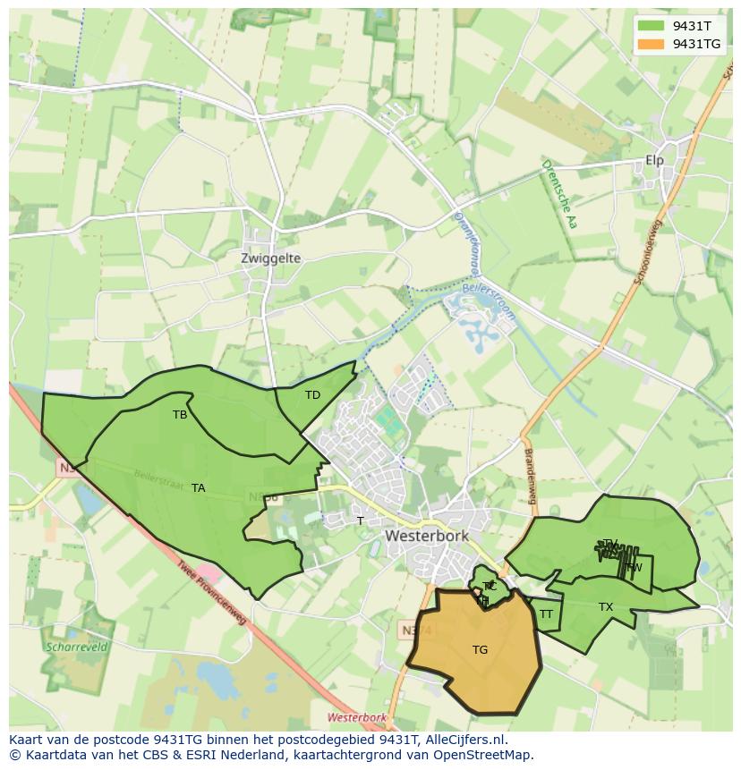 Afbeelding van het postcodegebied 9431 TG op de kaart.