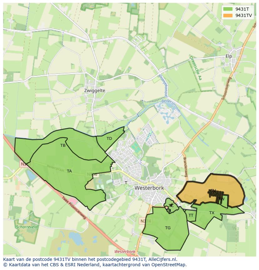 Afbeelding van het postcodegebied 9431 TV op de kaart.