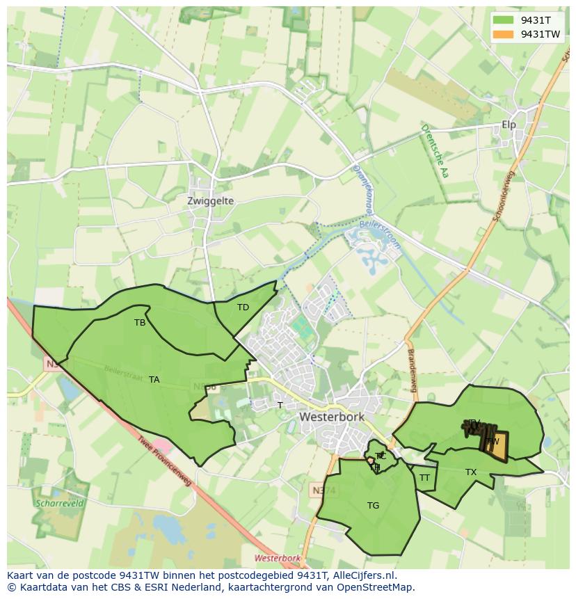 Afbeelding van het postcodegebied 9431 TW op de kaart.