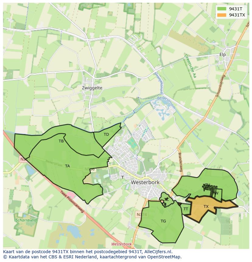Afbeelding van het postcodegebied 9431 TX op de kaart.