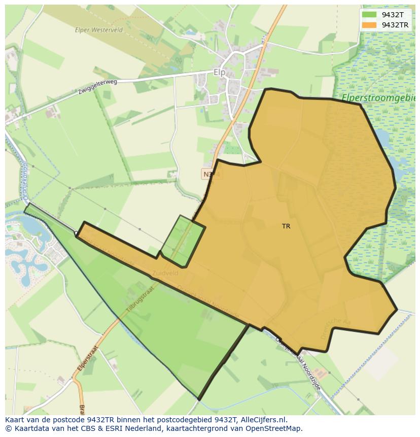 Afbeelding van het postcodegebied 9432 TR op de kaart.
