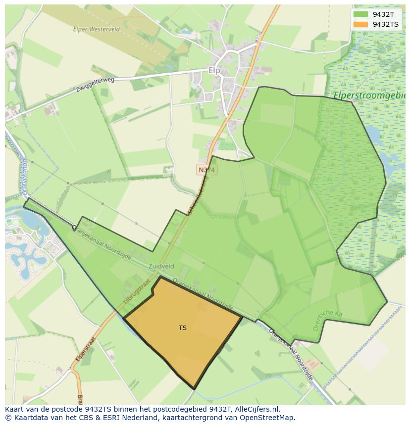 Afbeelding van het postcodegebied 9432 TS op de kaart.