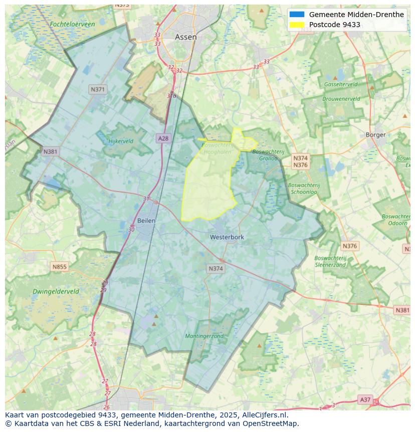 Afbeelding van het postcodegebied 9433 op de kaart.