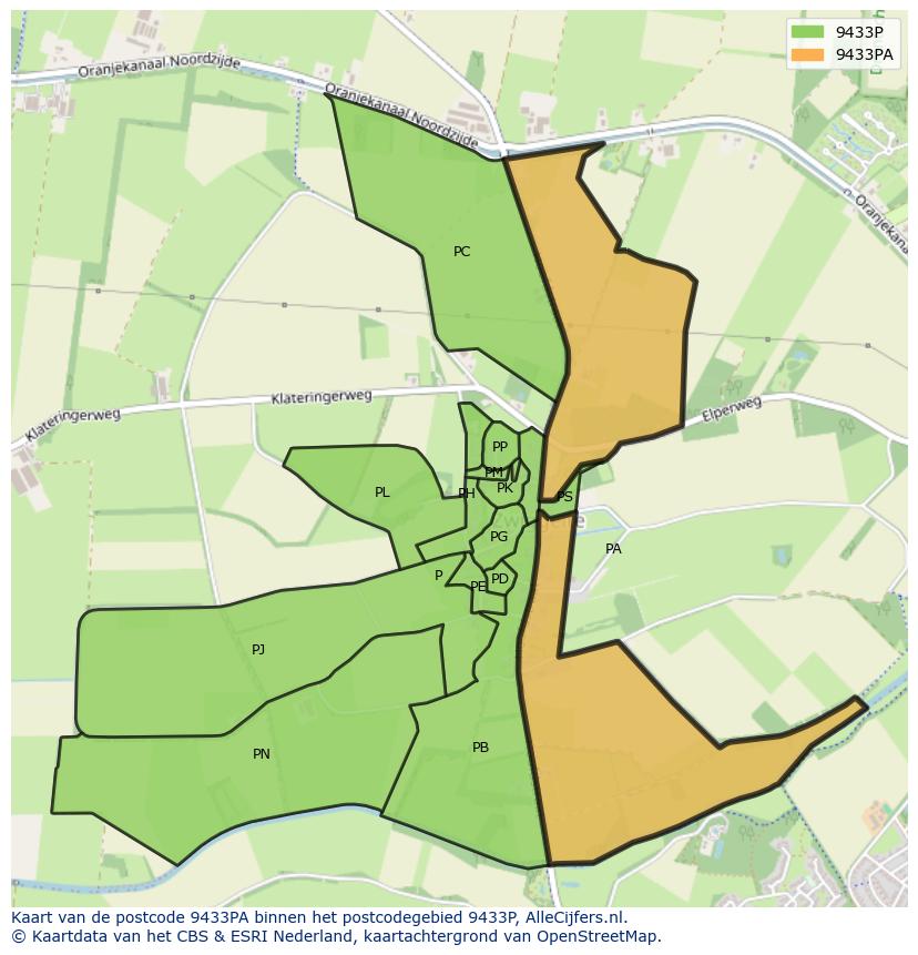 Afbeelding van het postcodegebied 9433 PA op de kaart.
