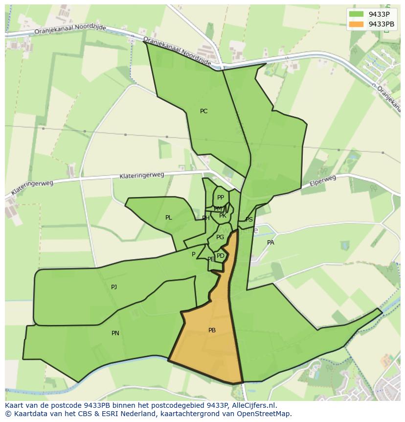 Afbeelding van het postcodegebied 9433 PB op de kaart.
