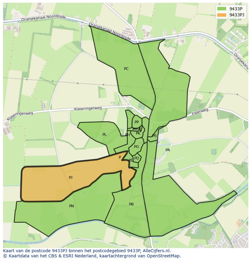Afbeelding van het postcodegebied 9433 PJ op de kaart.