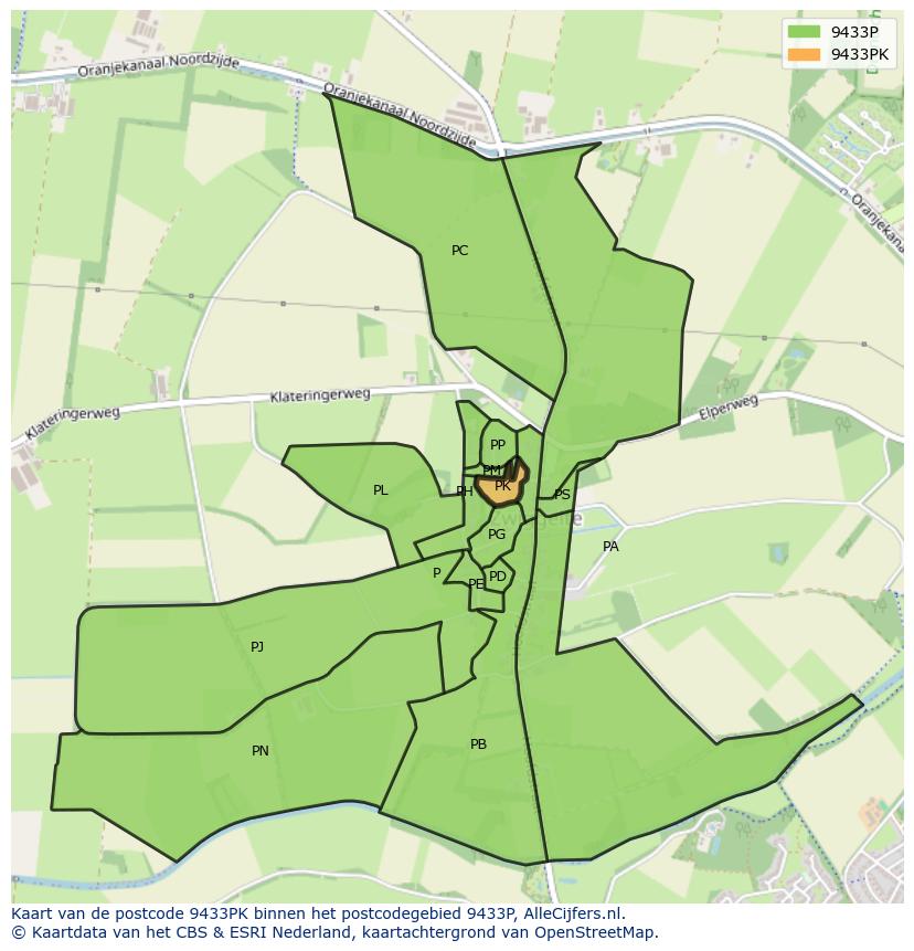 Afbeelding van het postcodegebied 9433 PK op de kaart.