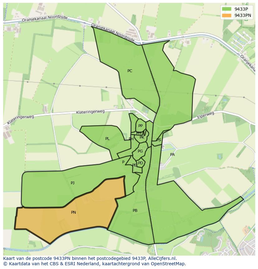 Afbeelding van het postcodegebied 9433 PN op de kaart.