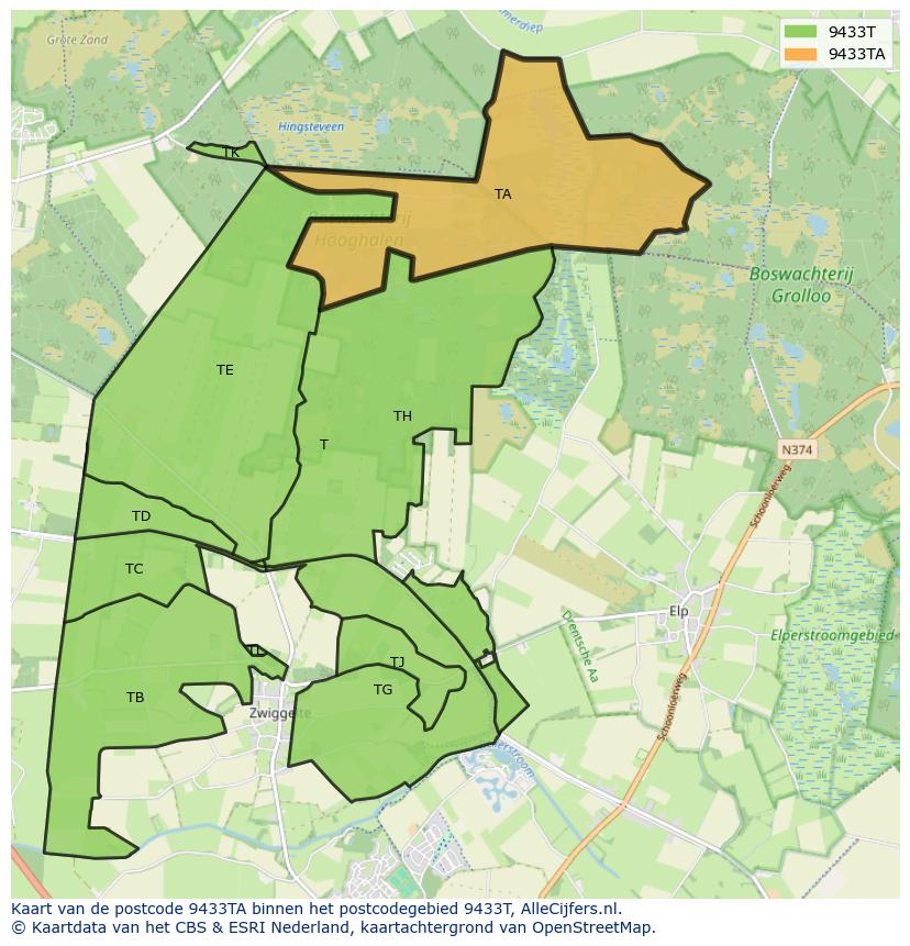 Afbeelding van het postcodegebied 9433 TA op de kaart.
