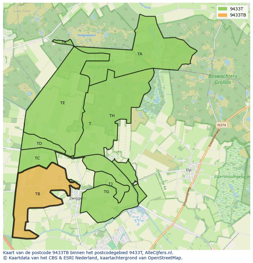 Afbeelding van het postcodegebied 9433 TB op de kaart.