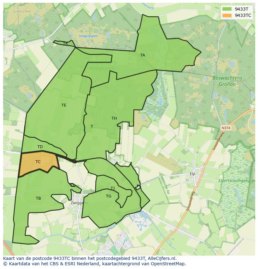 Afbeelding van het postcodegebied 9433 TC op de kaart.