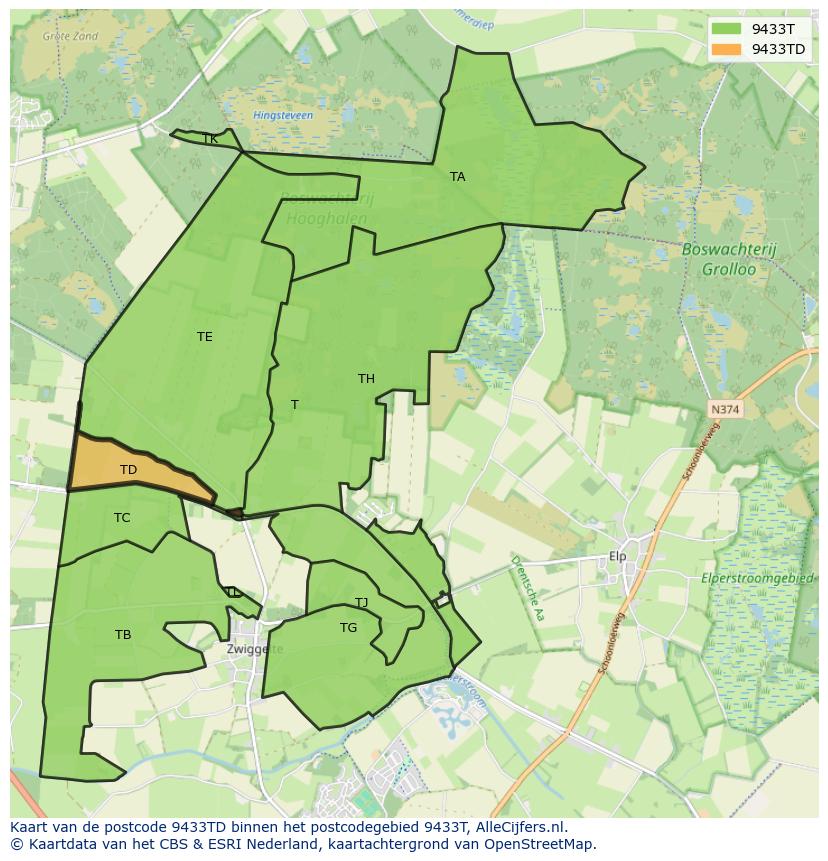 Afbeelding van het postcodegebied 9433 TD op de kaart.