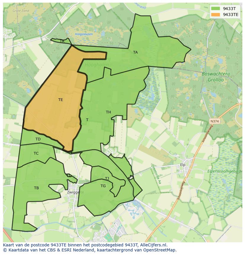 Afbeelding van het postcodegebied 9433 TE op de kaart.