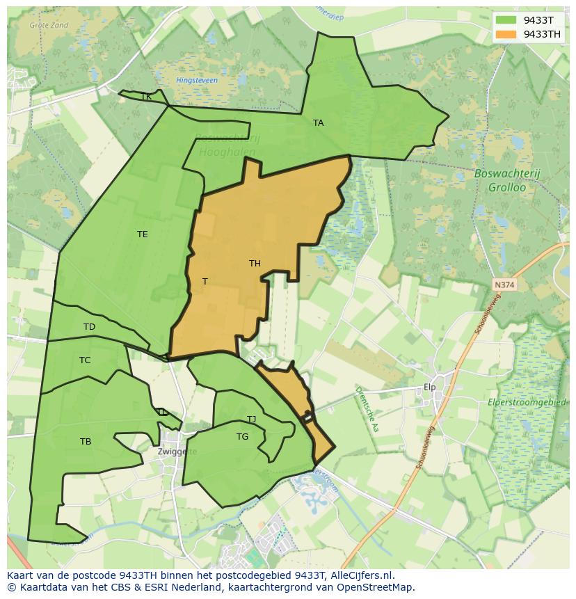 Afbeelding van het postcodegebied 9433 TH op de kaart.