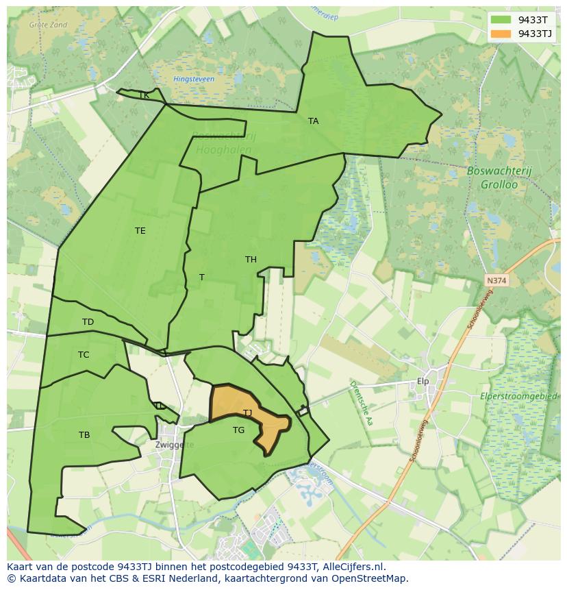 Afbeelding van het postcodegebied 9433 TJ op de kaart.
