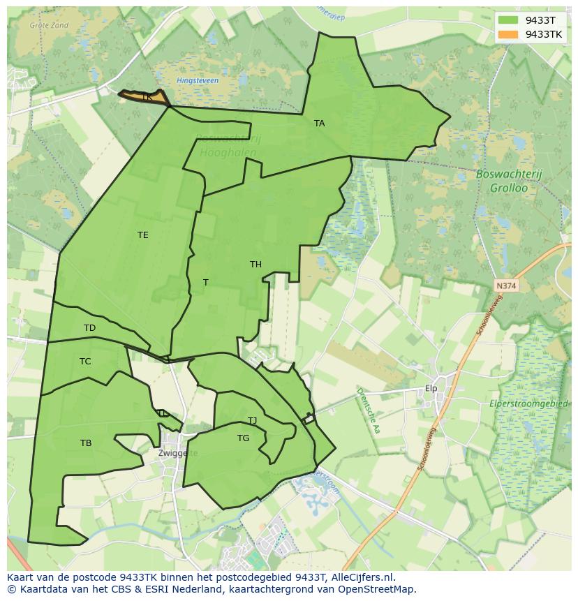 Afbeelding van het postcodegebied 9433 TK op de kaart.