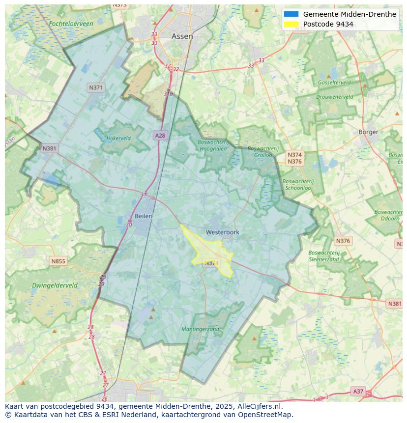 Afbeelding van het postcodegebied 9434 op de kaart.