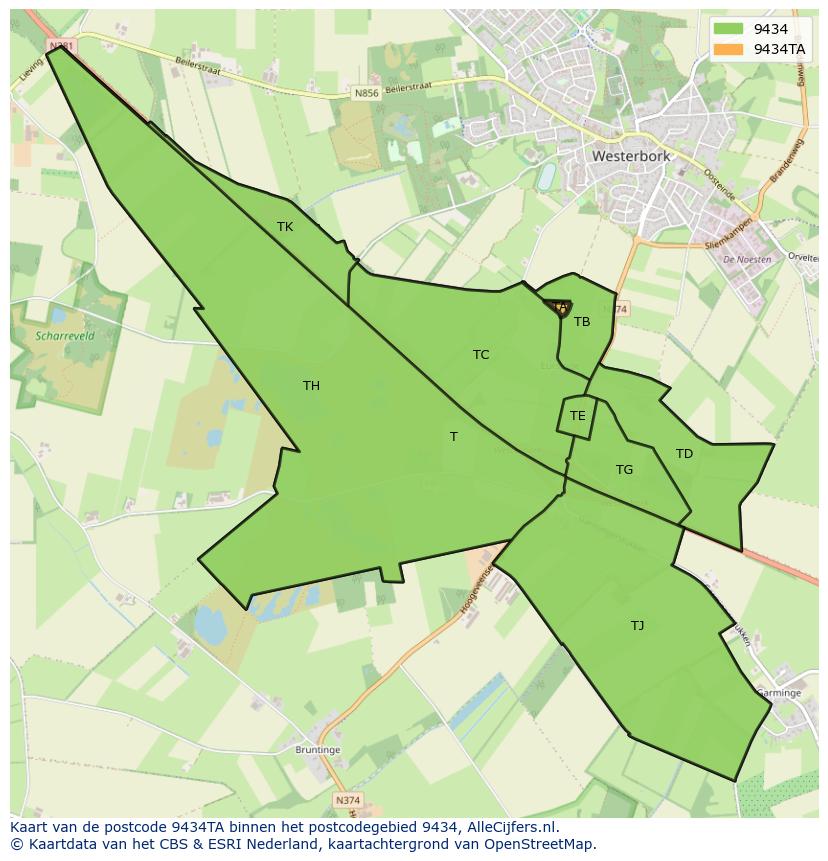 Afbeelding van het postcodegebied 9434 TA op de kaart.