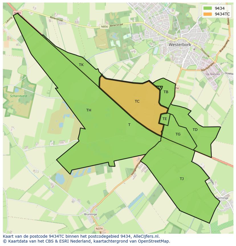Afbeelding van het postcodegebied 9434 TC op de kaart.