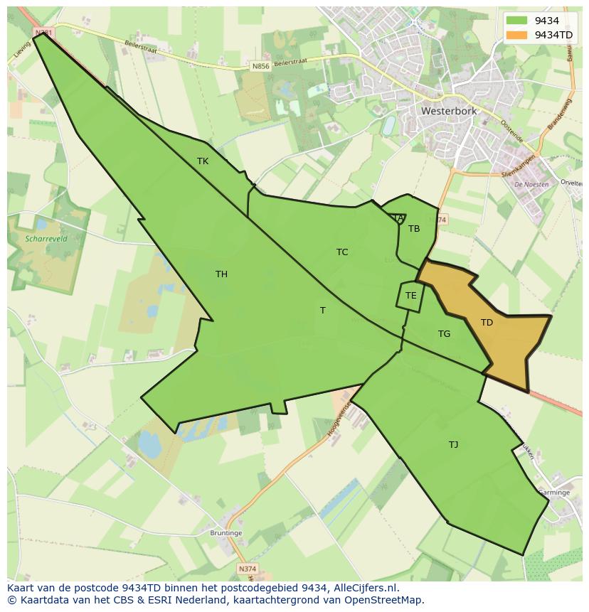 Afbeelding van het postcodegebied 9434 TD op de kaart.