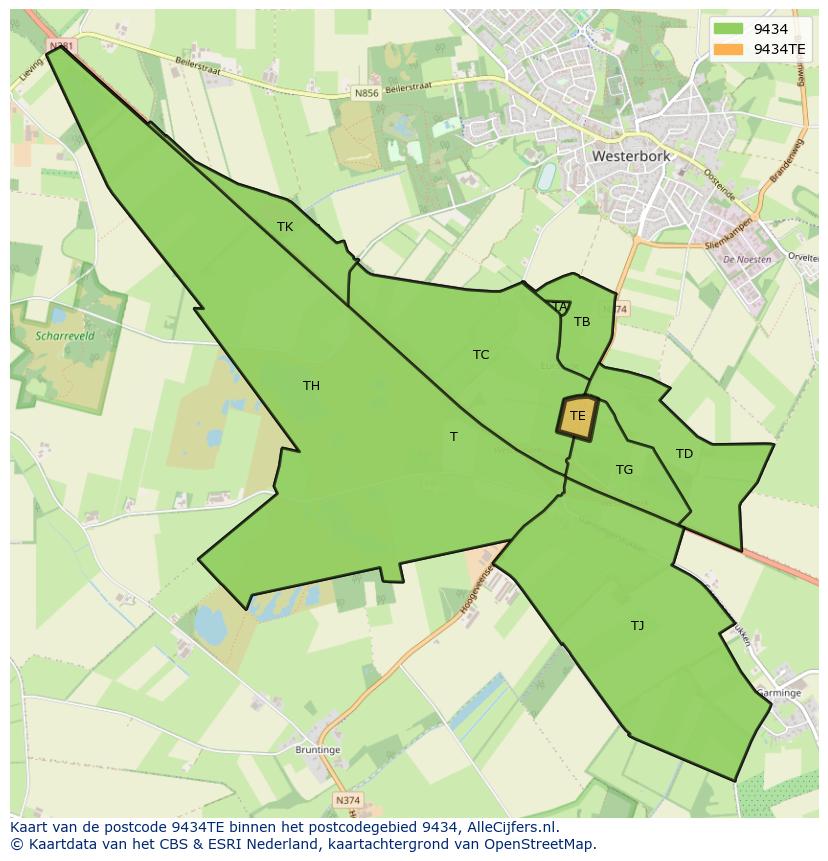 Afbeelding van het postcodegebied 9434 TE op de kaart.