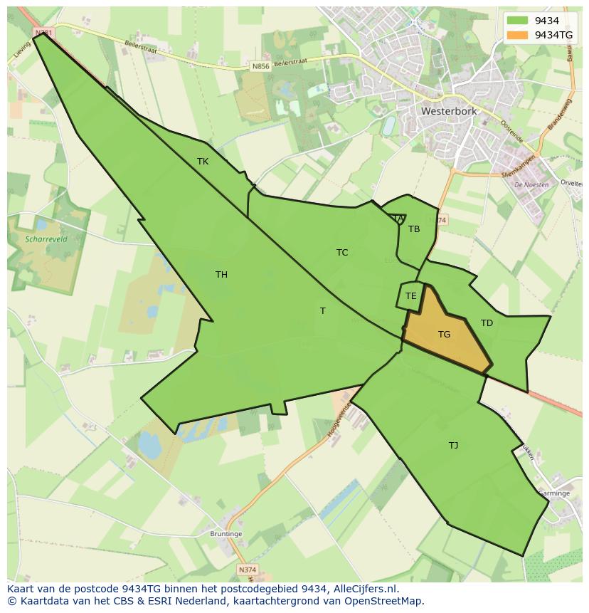Afbeelding van het postcodegebied 9434 TG op de kaart.