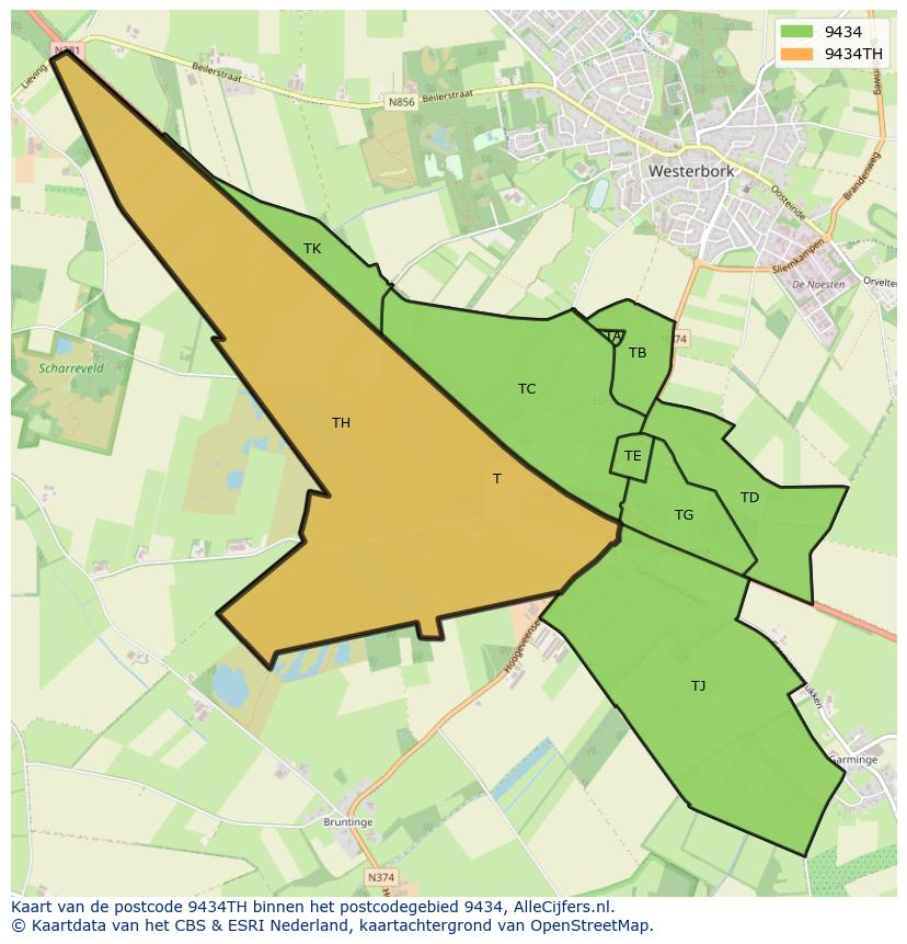 Afbeelding van het postcodegebied 9434 TH op de kaart.