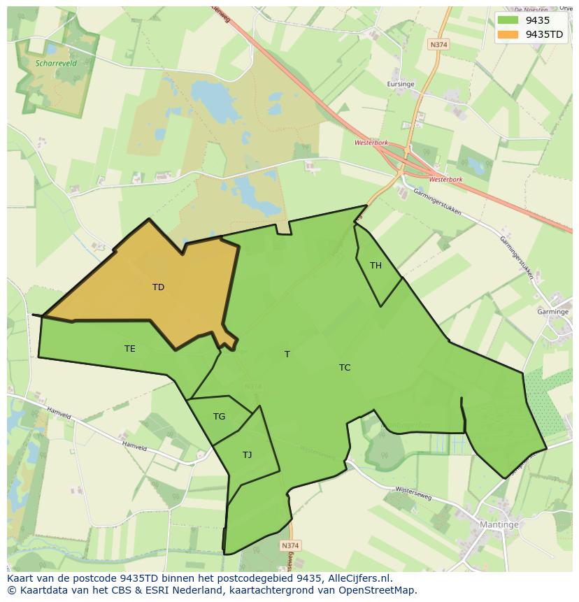 Afbeelding van het postcodegebied 9435 TD op de kaart.