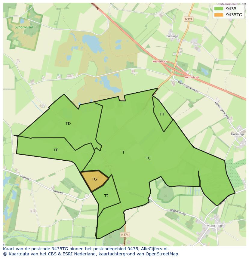 Afbeelding van het postcodegebied 9435 TG op de kaart.