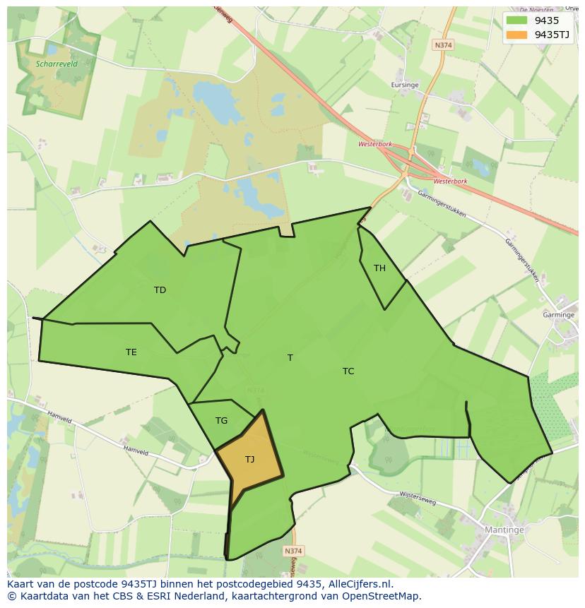 Afbeelding van het postcodegebied 9435 TJ op de kaart.
