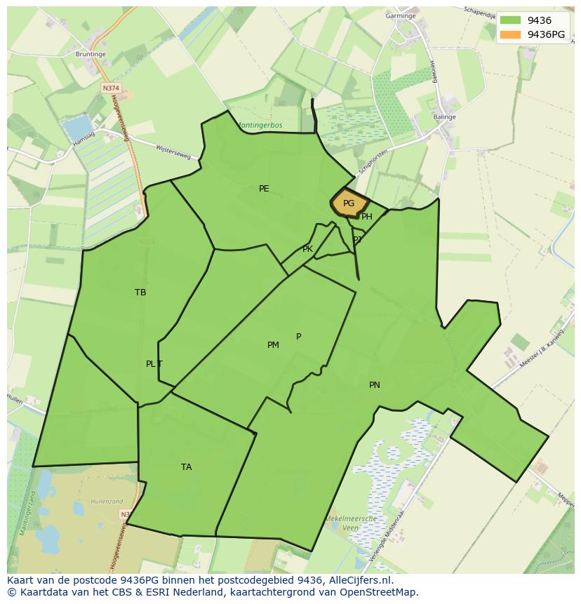 Afbeelding van het postcodegebied 9436 PG op de kaart.