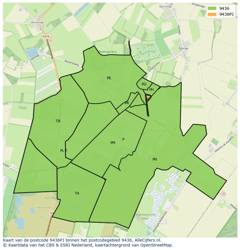 Afbeelding van het postcodegebied 9436 PJ op de kaart.