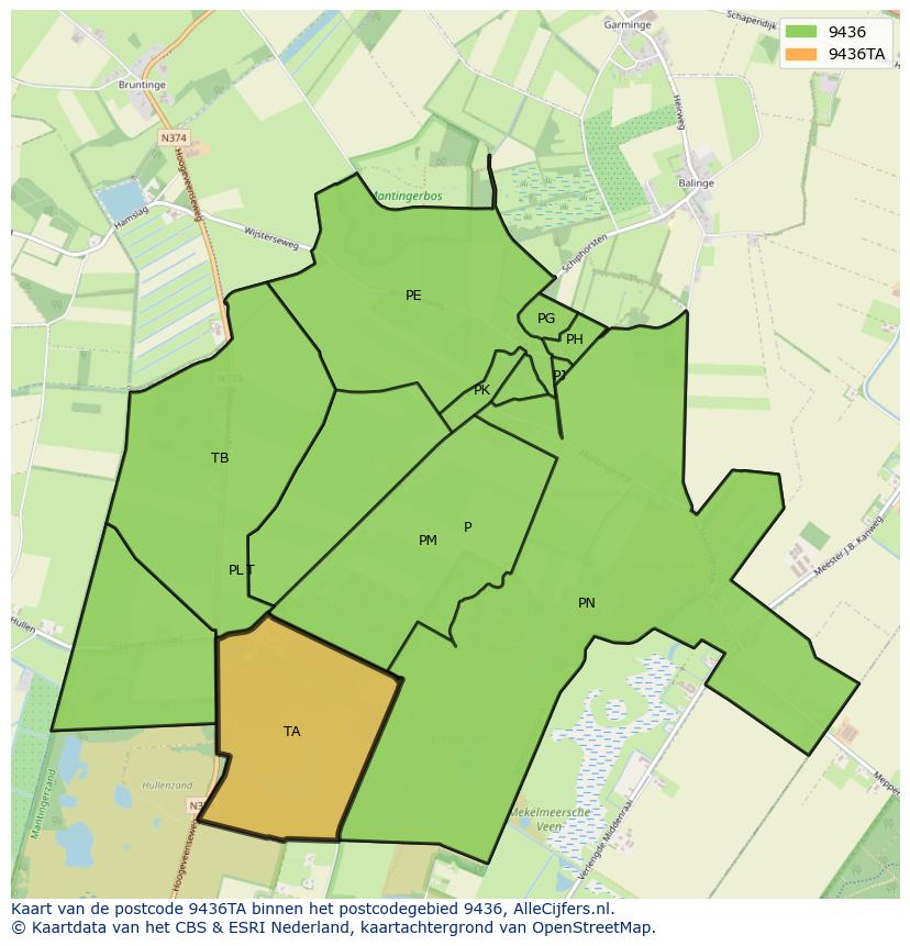 Afbeelding van het postcodegebied 9436 TA op de kaart.