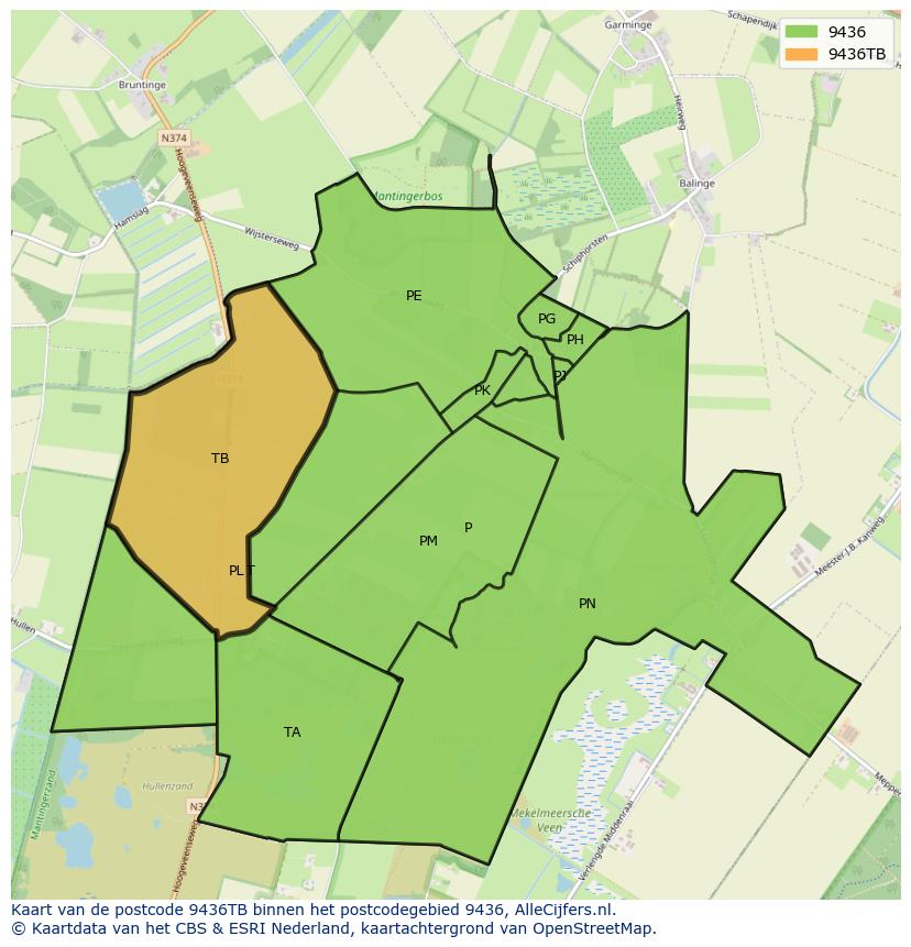 Afbeelding van het postcodegebied 9436 TB op de kaart.