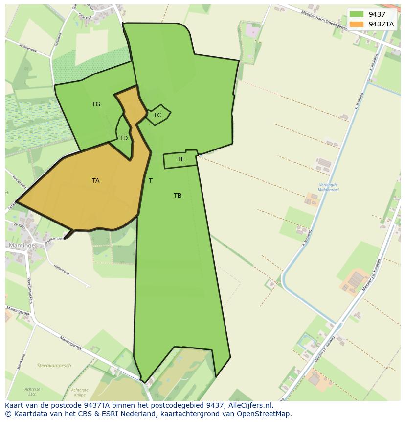 Afbeelding van het postcodegebied 9437 TA op de kaart.