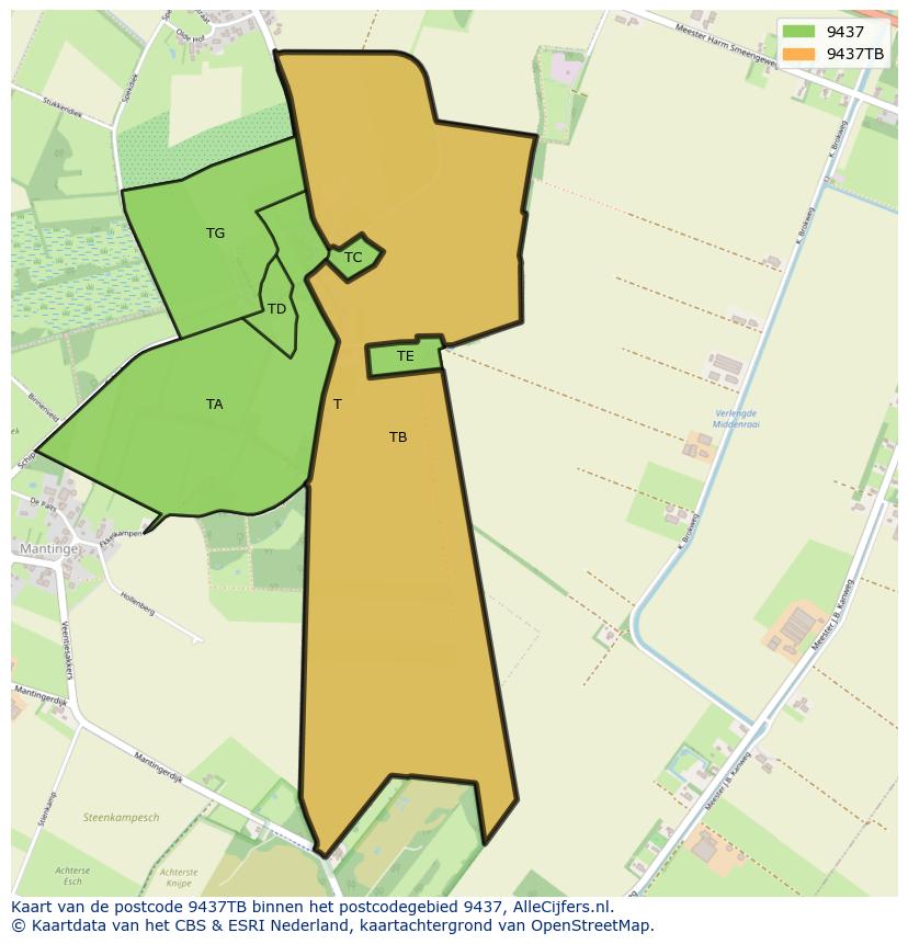Afbeelding van het postcodegebied 9437 TB op de kaart.