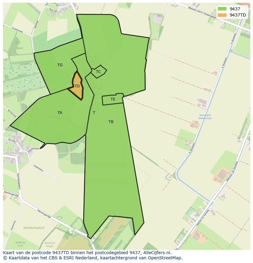 Afbeelding van het postcodegebied 9437 TD op de kaart.