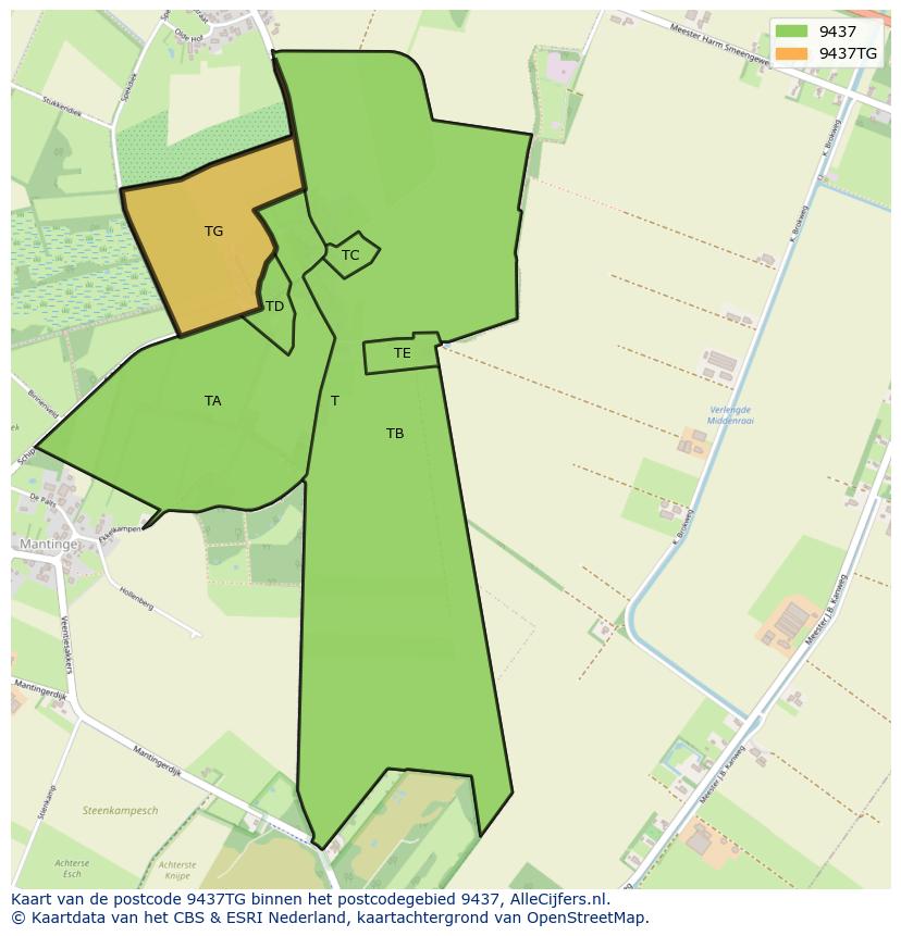 Afbeelding van het postcodegebied 9437 TG op de kaart.