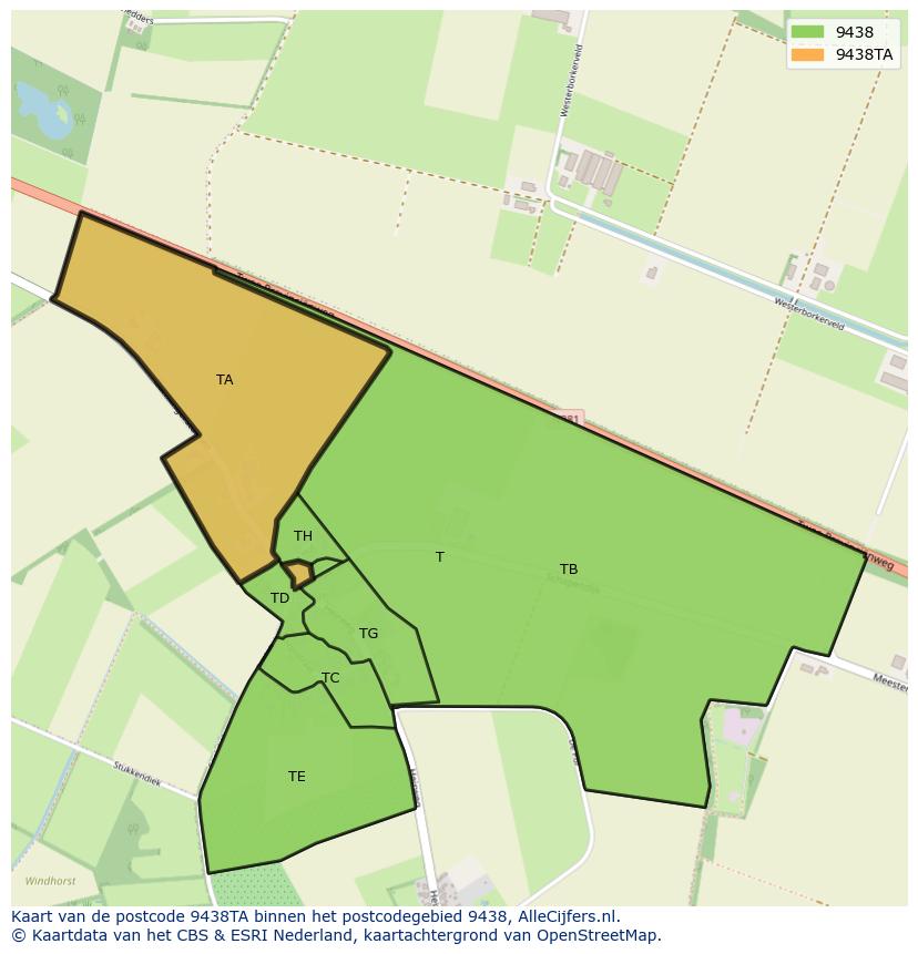 Afbeelding van het postcodegebied 9438 TA op de kaart.