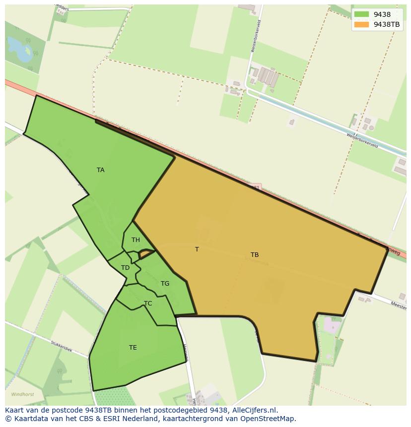 Afbeelding van het postcodegebied 9438 TB op de kaart.