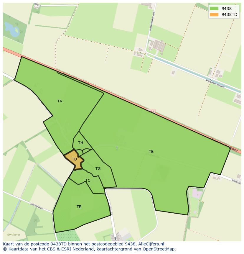 Afbeelding van het postcodegebied 9438 TD op de kaart.